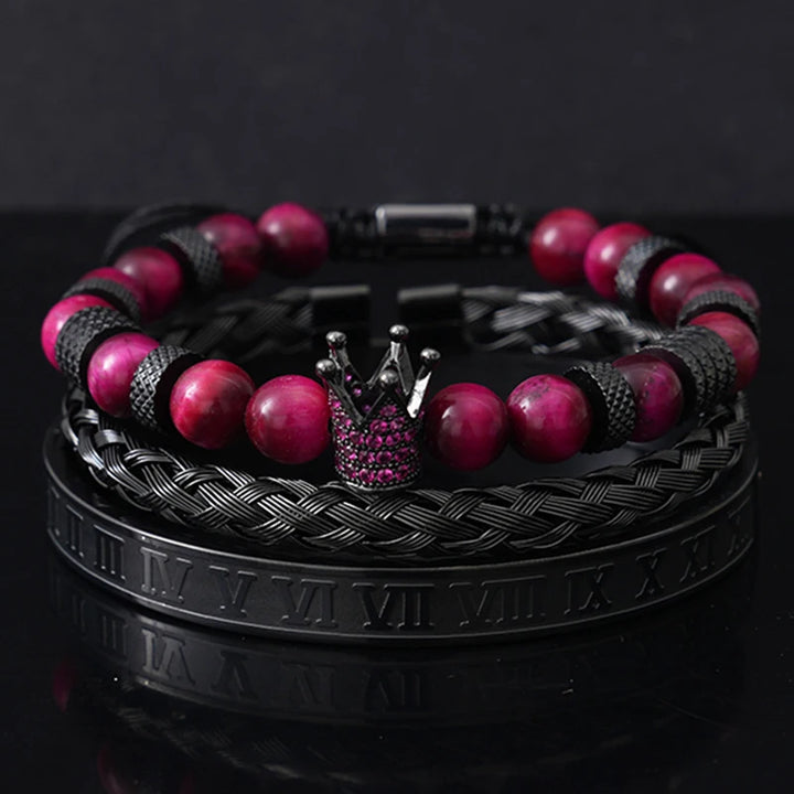 Conjunto de lujo de cuentas de piedra de tigre, dijes de corona, pulsera para hombre, brazaletes romanos negros de acero inoxidable, joyería para mujer, regalo del Día de Todos los Santos