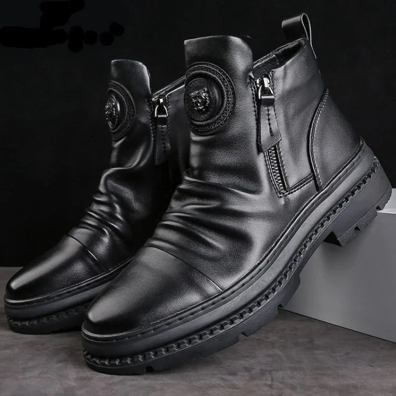 Botas Moto Cuero Hombre — Plataforma con Cremallera