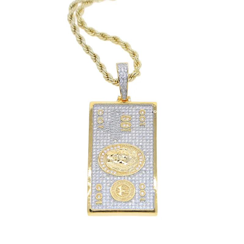 Collar Colgante 100 Dólares | Piedras CZ 3A+ | Joyería Hip Hop Oro &amp; Plata