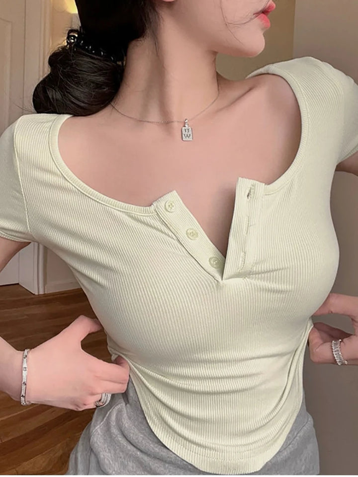 Camiseta de Cuello Redondo Sólida 2026, Top Corto Informal de Manga Corta para Primavera y Verano, Ropa de Mujer