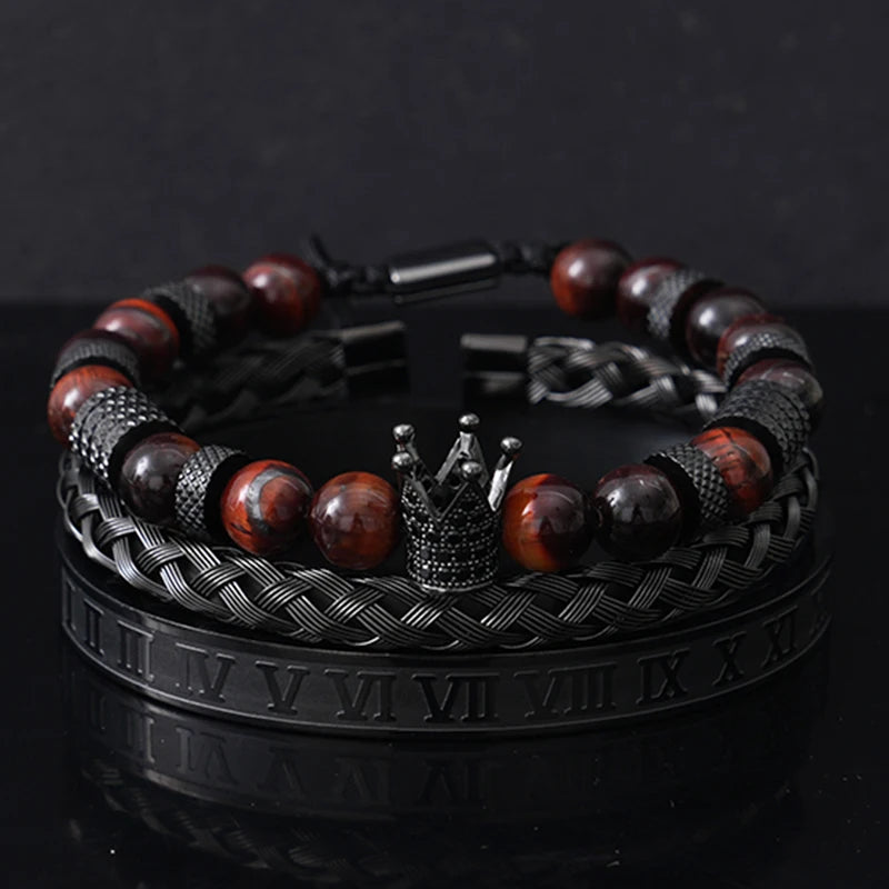 Conjunto de lujo de cuentas de piedra de tigre, dijes de corona, pulsera para hombre, brazaletes romanos negros de acero inoxidable, joyería para mujer, regalo del Día de Todos los Santos
