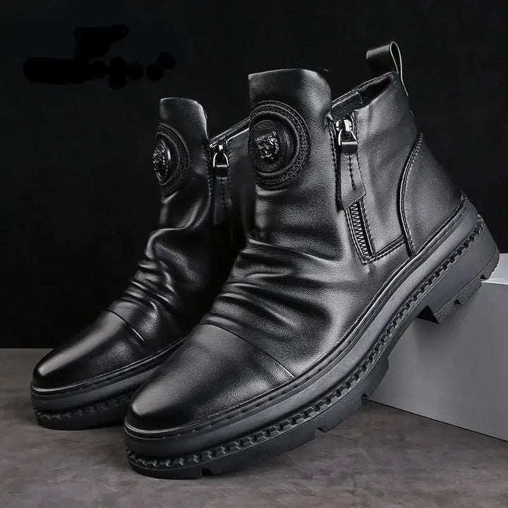 Botas Moto Cuero Hombre — Plataforma con Cremallera