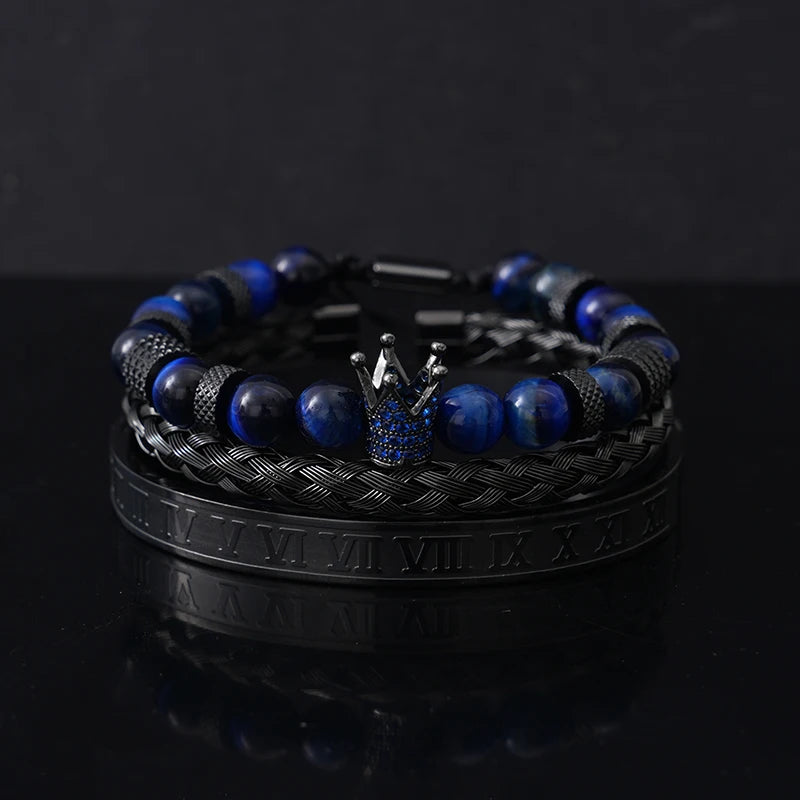 Conjunto de lujo de cuentas de piedra de tigre, dijes de corona, pulsera para hombre, brazaletes romanos negros de acero inoxidable, joyería para mujer, regalo del Día de Todos los Santos