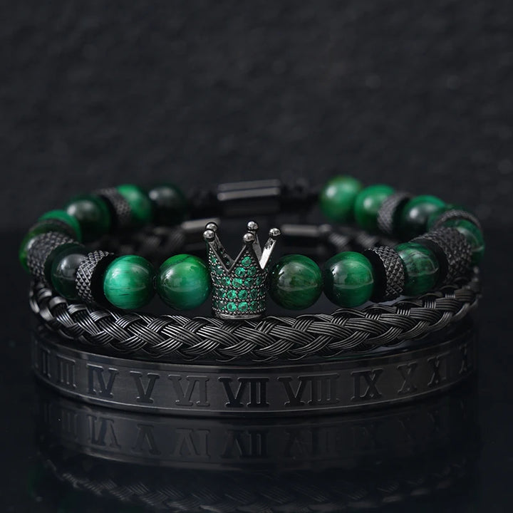 Conjunto de lujo de cuentas de piedra de tigre, dijes de corona, pulsera para hombre, brazaletes romanos negros de acero inoxidable, joyería para mujer, regalo del Día de Todos los Santos