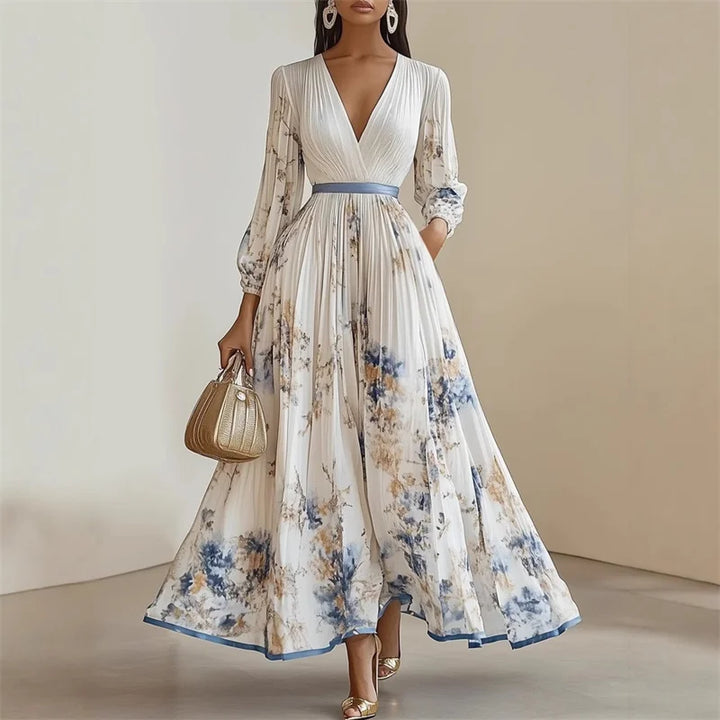 Vestido Maxi Estampado con Escote en V y Manga Larga