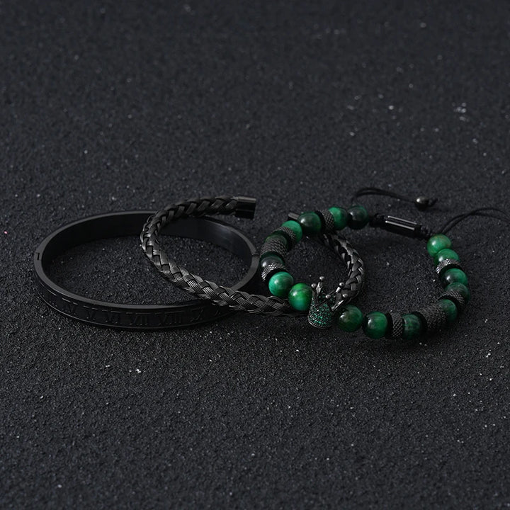 Conjunto de lujo de cuentas de piedra de tigre, dijes de corona, pulsera para hombre, brazaletes romanos negros de acero inoxidable, joyería para mujer, regalo del Día de Todos los Santos