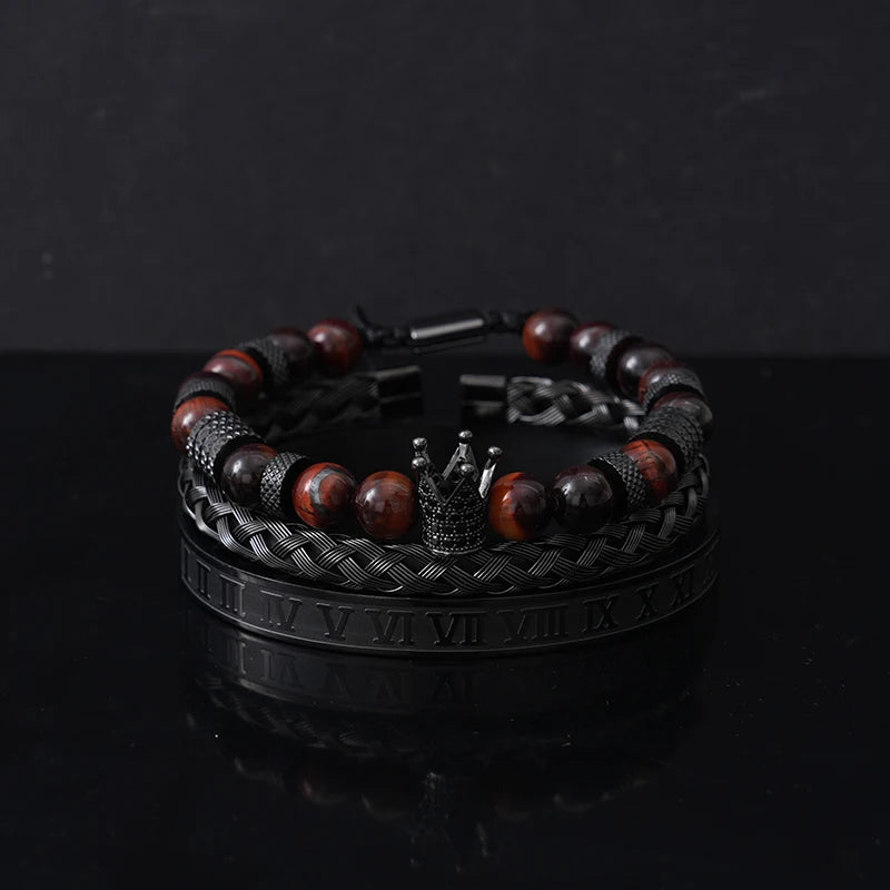 Conjunto de lujo de cuentas de piedra de tigre, dijes de corona, pulsera para hombre, brazaletes romanos negros de acero inoxidable, joyería para mujer, regalo del Día de Todos los Santos