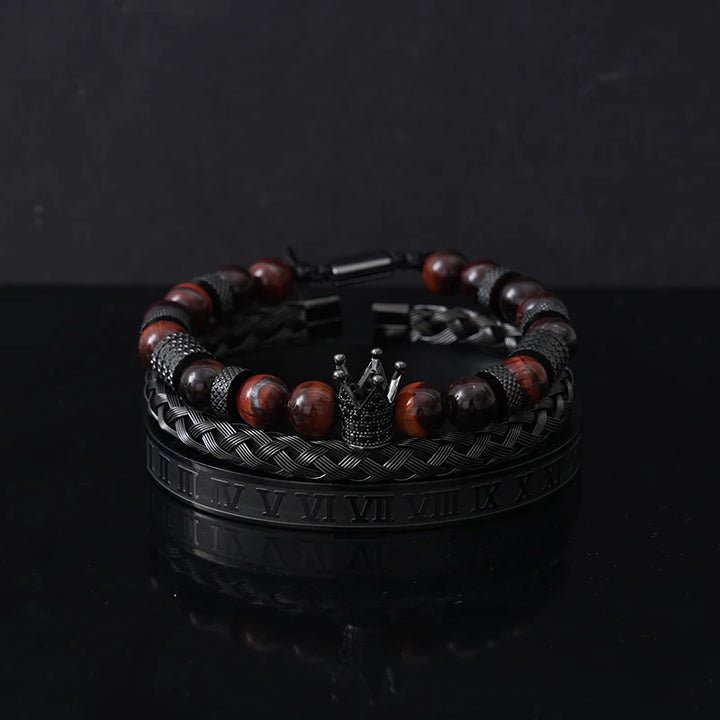 Conjunto de lujo de cuentas de piedra de tigre, dijes de corona, pulsera para hombre, brazaletes romanos negros de acero inoxidable, joyería para mujer, regalo del Día de Todos los Santos