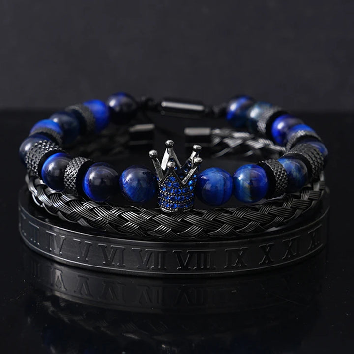 Conjunto de lujo de cuentas de piedra de tigre, dijes de corona, pulsera para hombre, brazaletes romanos negros de acero inoxidable, joyería para mujer, regalo del Día de Todos los Santos
