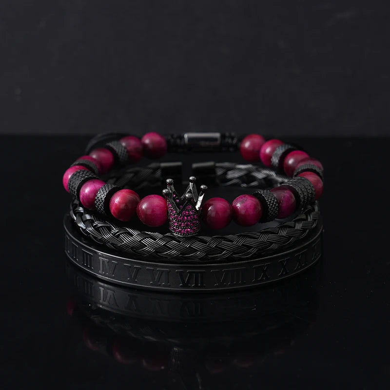 Conjunto de lujo de cuentas de piedra de tigre, dijes de corona, pulsera para hombre, brazaletes romanos negros de acero inoxidable, joyería para mujer, regalo del Día de Todos los Santos