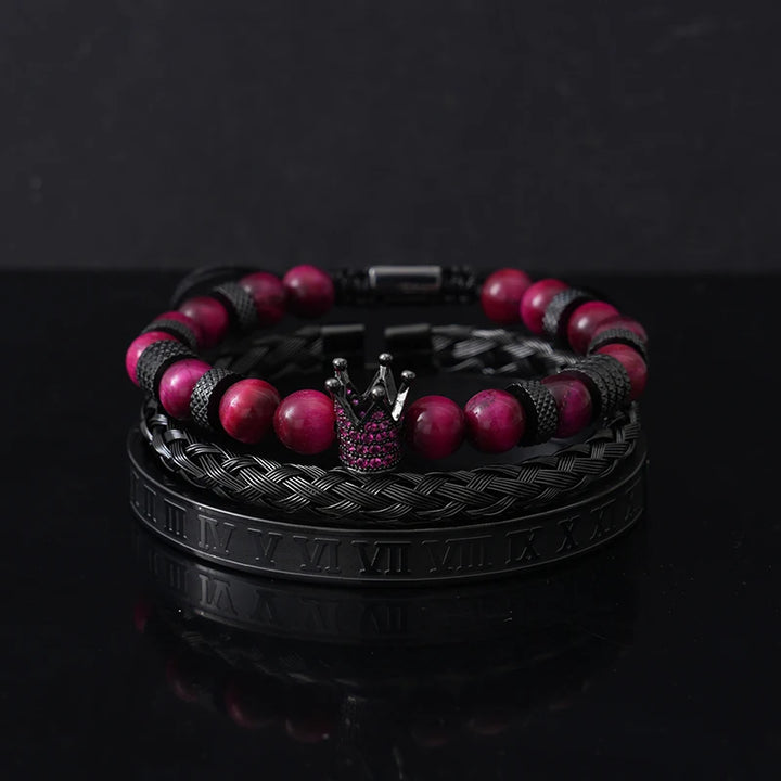 Conjunto de lujo de cuentas de piedra de tigre, dijes de corona, pulsera para hombre, brazaletes romanos negros de acero inoxidable, joyería para mujer, regalo del Día de Todos los Santos