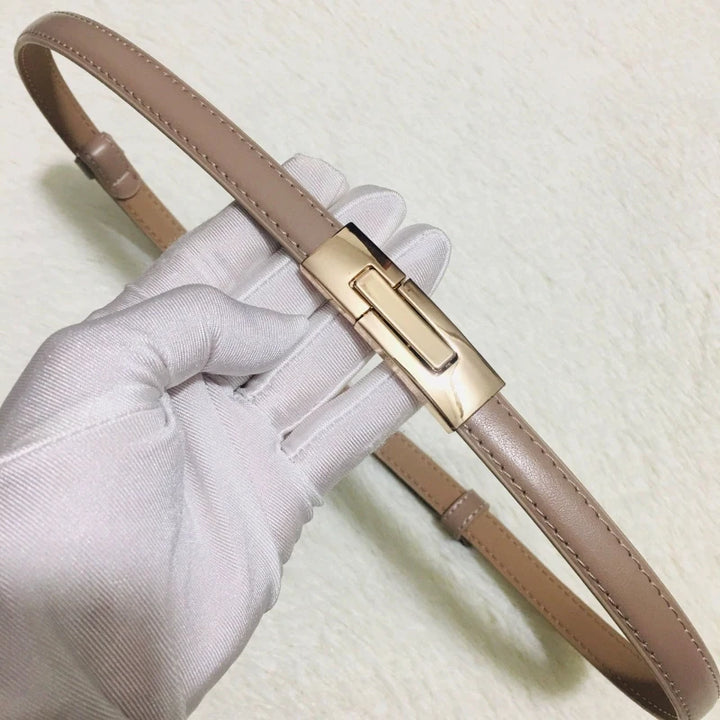 Cinturón de cuero genuino de alta calidad para mujer, nueva marca de moda, cinturones de 1,8 cm de ancho, hebilla de bloqueo dorada, vestido, pantalones vaqueros, suéter, cinturón para mujer