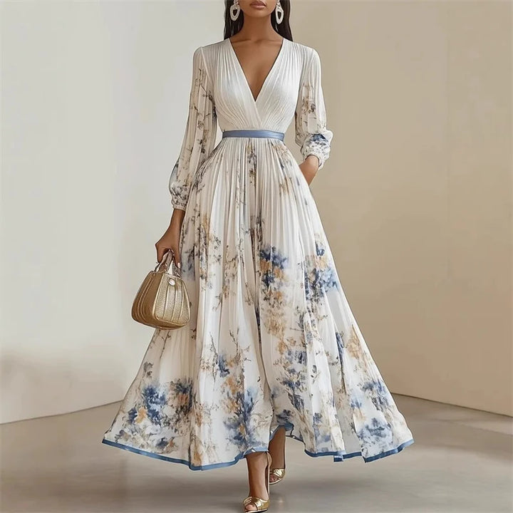 Vestido Maxi Estampado con Escote en V y Manga Larga