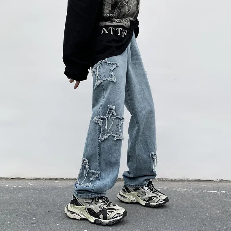 Jeans Rectos Y2K | Bordado Estrellas &amp; Toalla | Hip Hop | Darez Wear