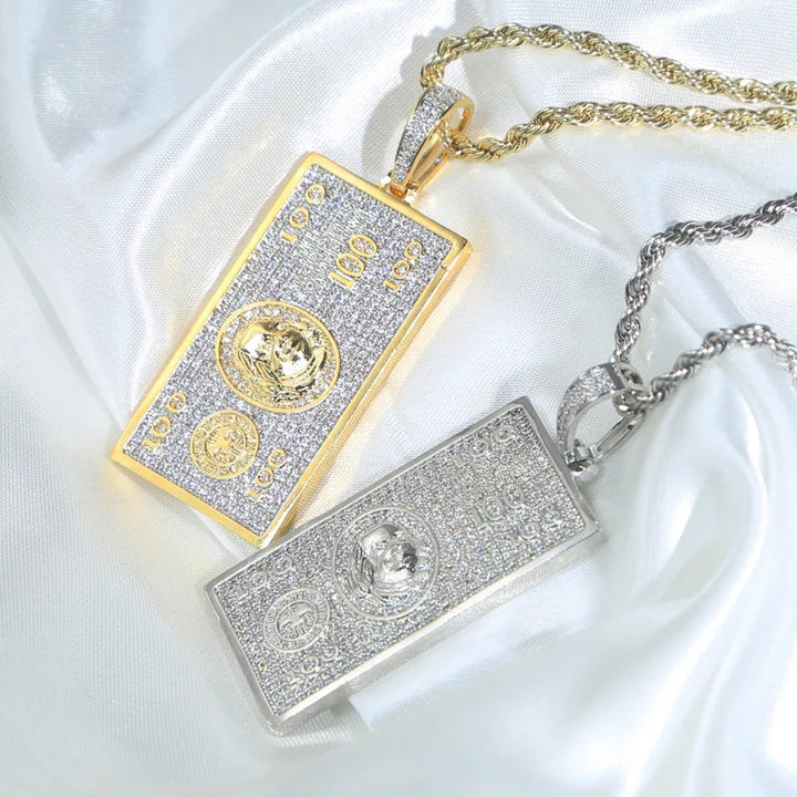 Collar Colgante 100 Dólares | Piedras CZ 3A+ | Joyería Hip Hop Oro &amp; Plata