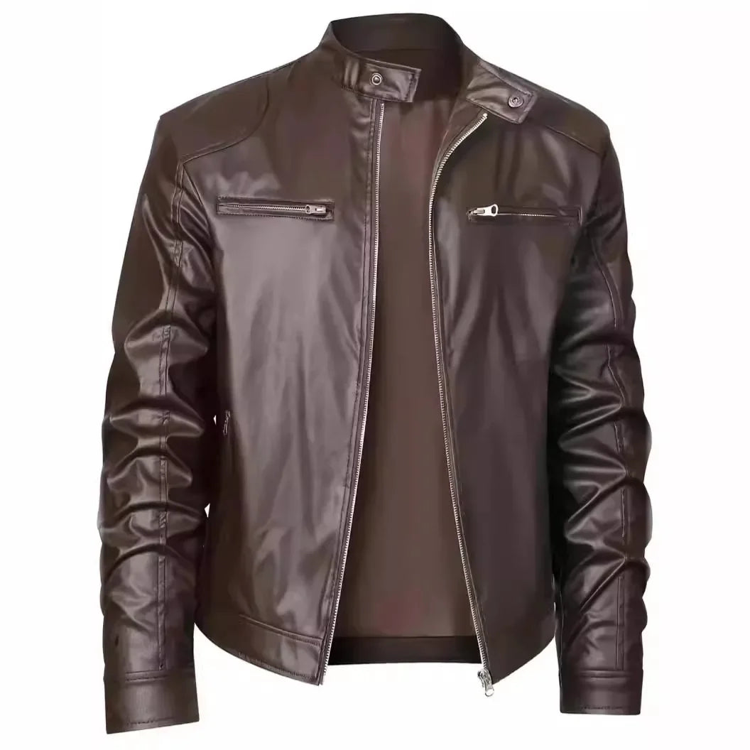 Chaqueta Moto Cuero Hombre — Slim Fit Cuello Alto