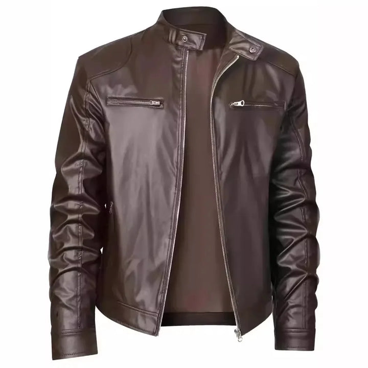 Chaqueta Moto Cuero Hombre — Slim Fit Cuello Alto