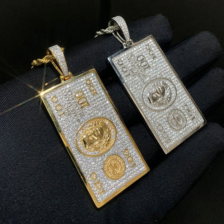 Collar Colgante 100 Dólares | Piedras CZ 3A+ | Joyería Hip Hop Oro &amp; Plata