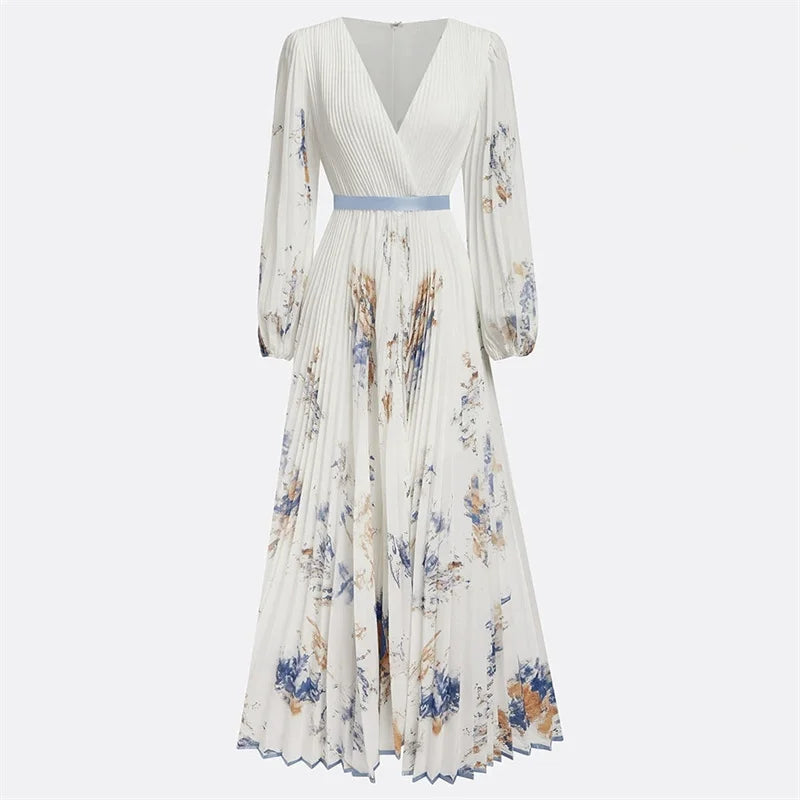 Vestido Maxi Estampado con Escote en V y Manga Larga