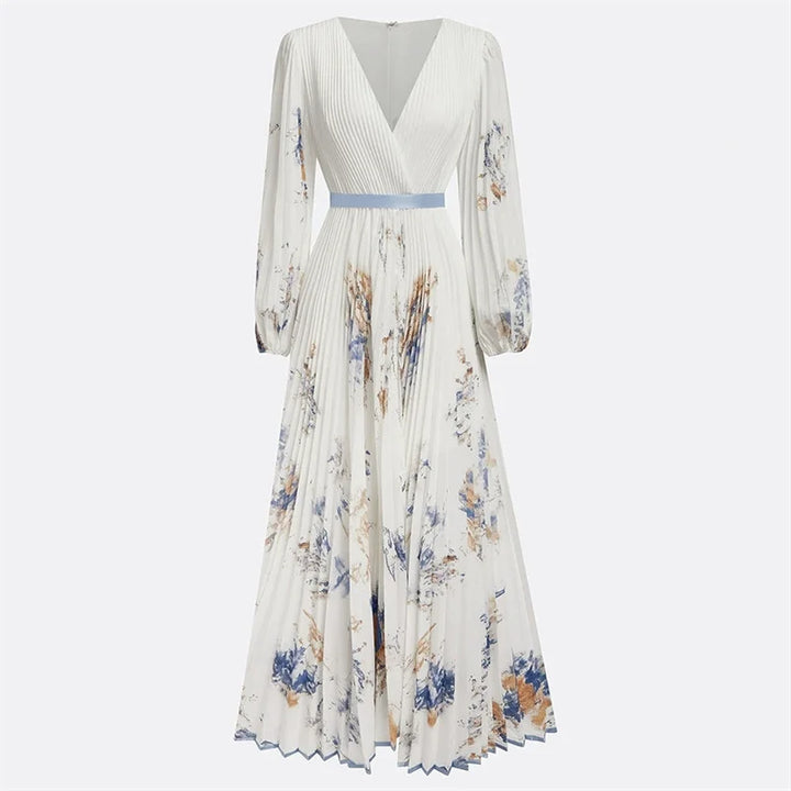 Vestido Maxi Estampado con Escote en V y Manga Larga