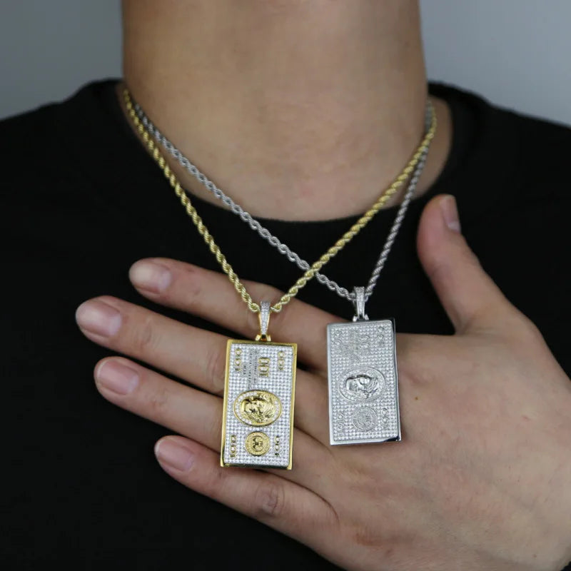 Collar Colgante 100 Dólares | Piedras CZ 3A+ | Joyería Hip Hop Oro &amp; Plata