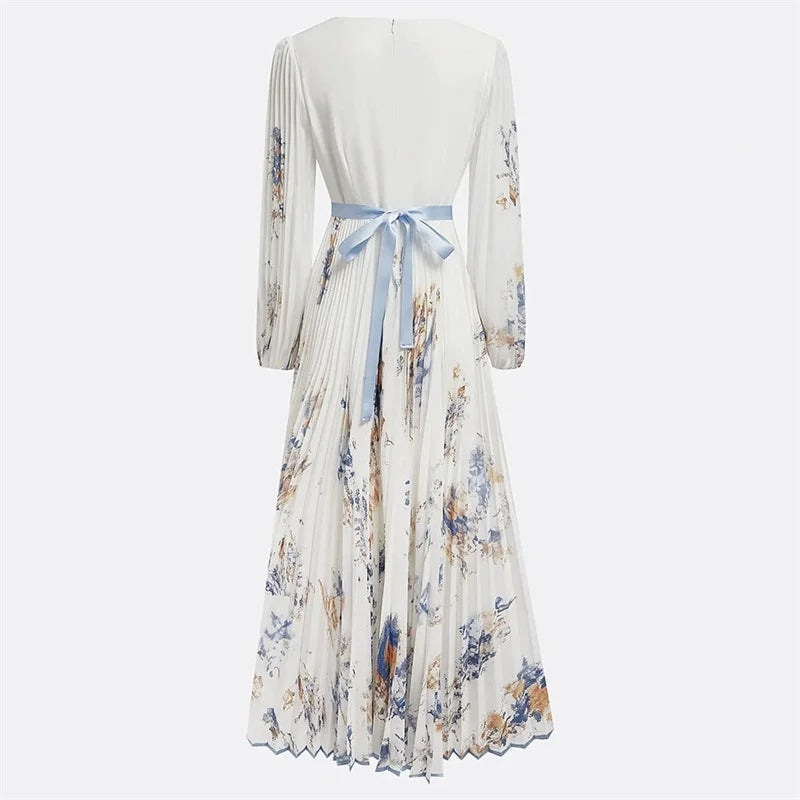 Vestido Maxi Estampado con Escote en V y Manga Larga
