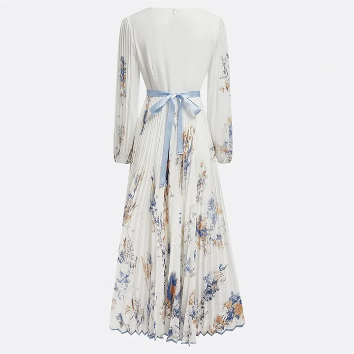 Vestido Maxi Estampado con Escote en V y Manga Larga
