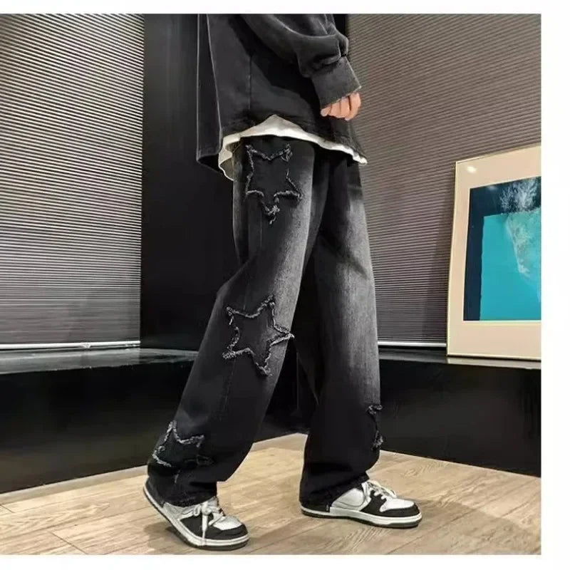 Jeans Rectos Y2K | Bordado Estrellas &amp; Toalla | Hip Hop | Darez Wear