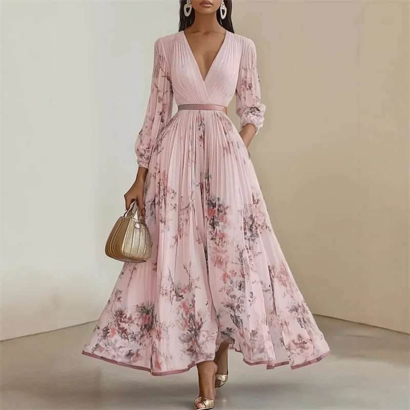 Vestido Maxi Estampado con Escote en V y Manga Larga