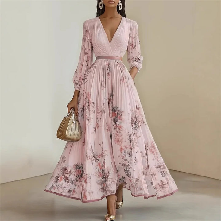 Vestido Maxi Estampado con Escote en V y Manga Larga