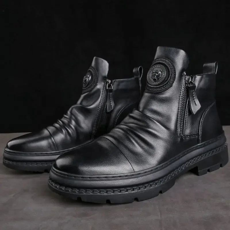 Botas Moto Cuero Hombre — Plataforma con Cremallera