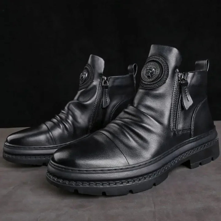 Botas Moto Cuero Hombre — Plataforma con Cremallera