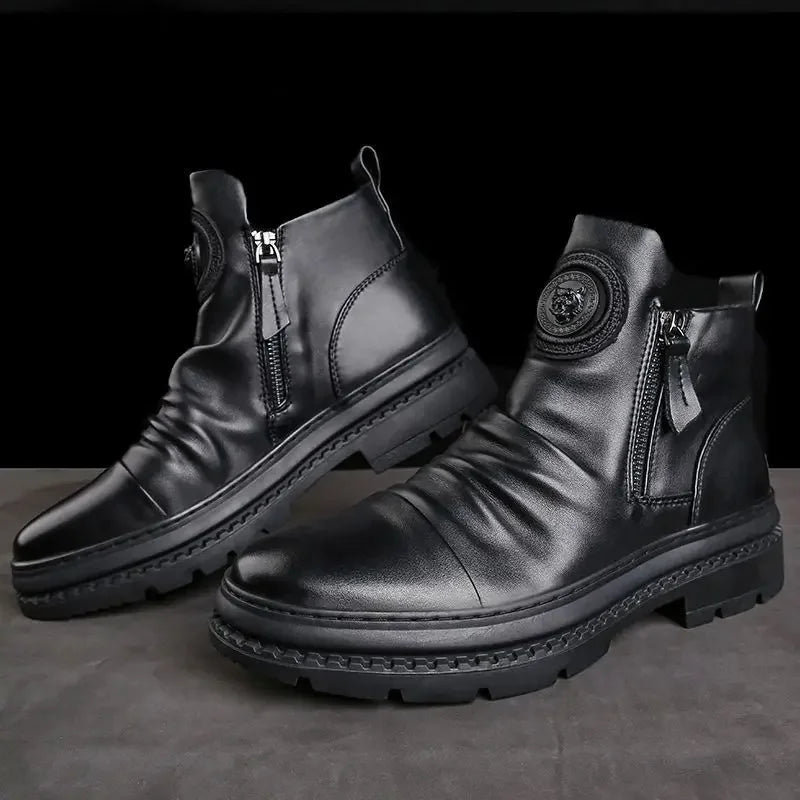 Botas Moto Cuero Hombre — Plataforma con Cremallera