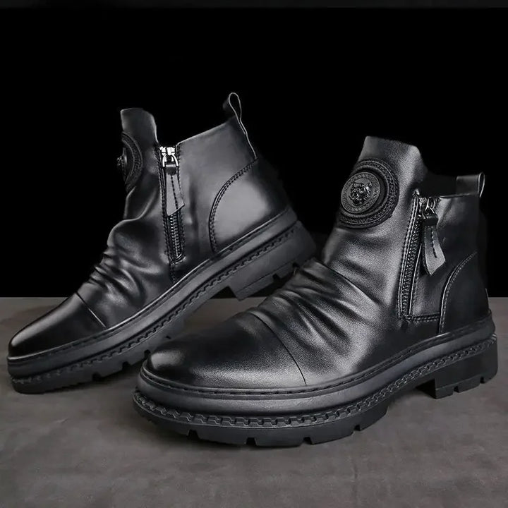 Botas Moto Cuero Hombre — Plataforma con Cremallera