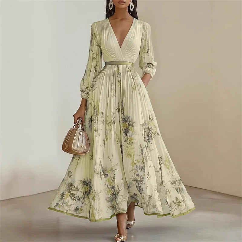 Vestido Maxi Estampado con Escote en V y Manga Larga