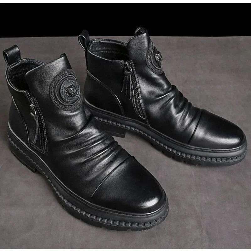 Botas Moto Cuero Hombre — Plataforma con Cremallera