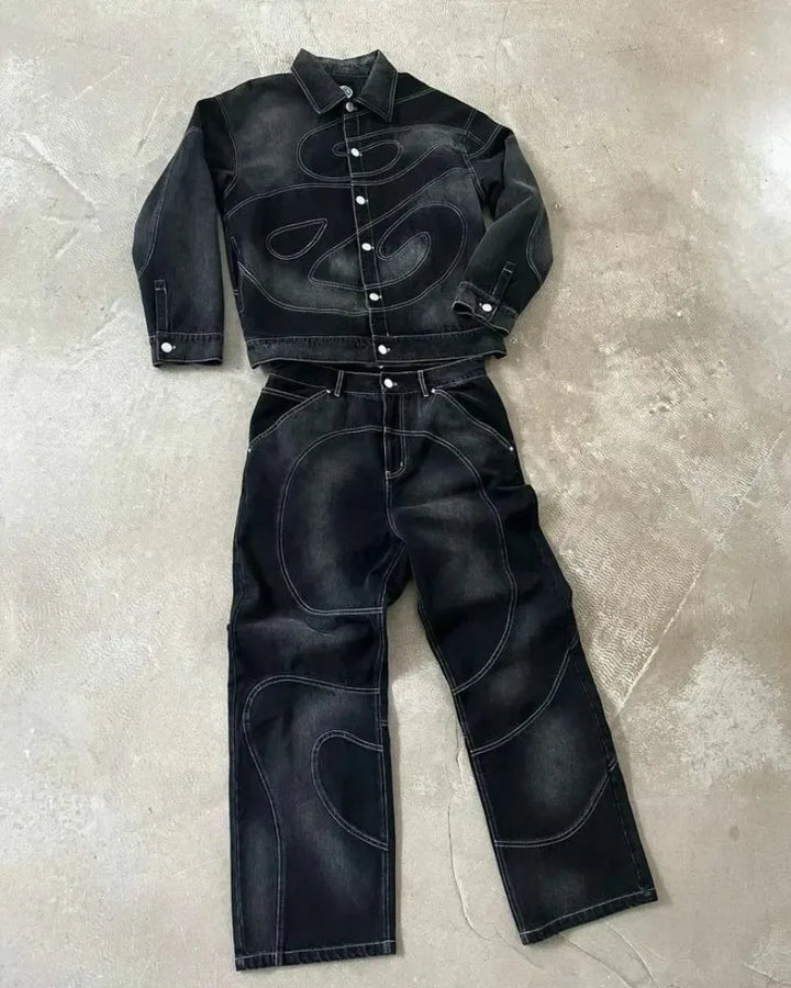 Conjunto Y2K Harajuku | Chaqueta Bordada + Jeans Holgados | Darez Wear
