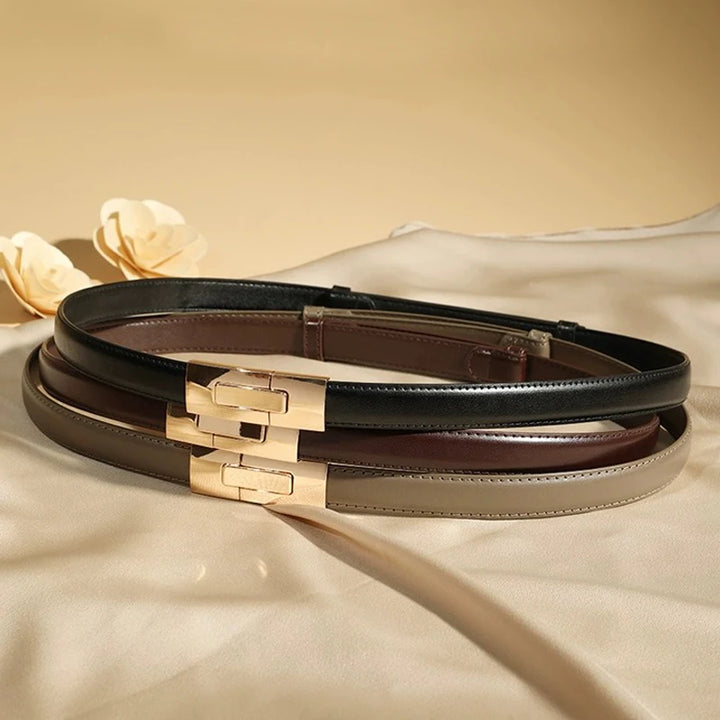 Cinturón de cuero genuino de alta calidad para mujer, nueva marca de moda, cinturones de 1,8 cm de ancho, hebilla de bloqueo dorada, vestido, pantalones vaqueros, suéter, cinturón para mujer