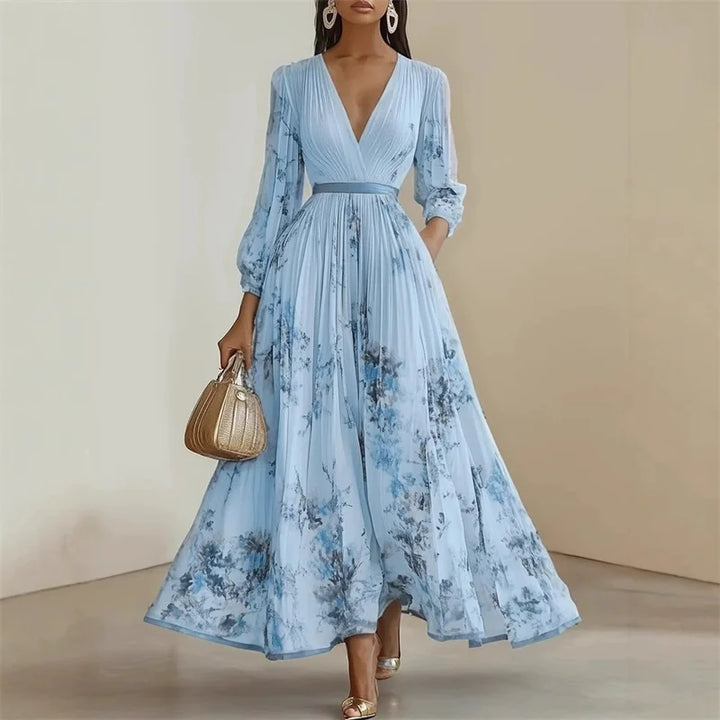 Vestido Maxi Estampado con Escote en V y Manga Larga